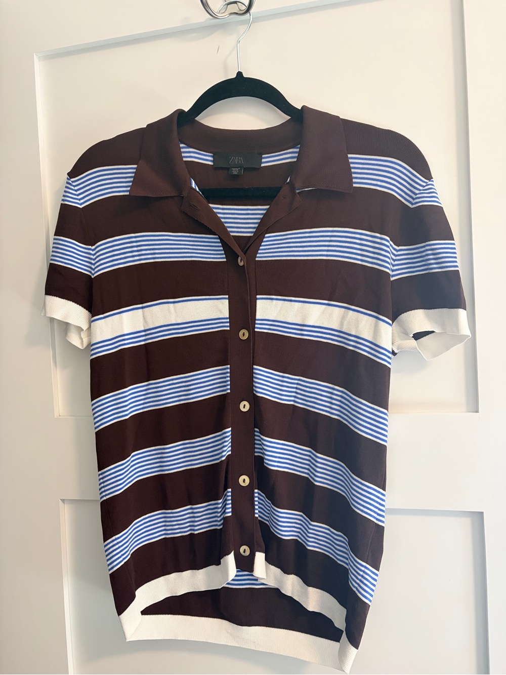 Zara Brown, Blue & White Striped Short-Sleeve Polo